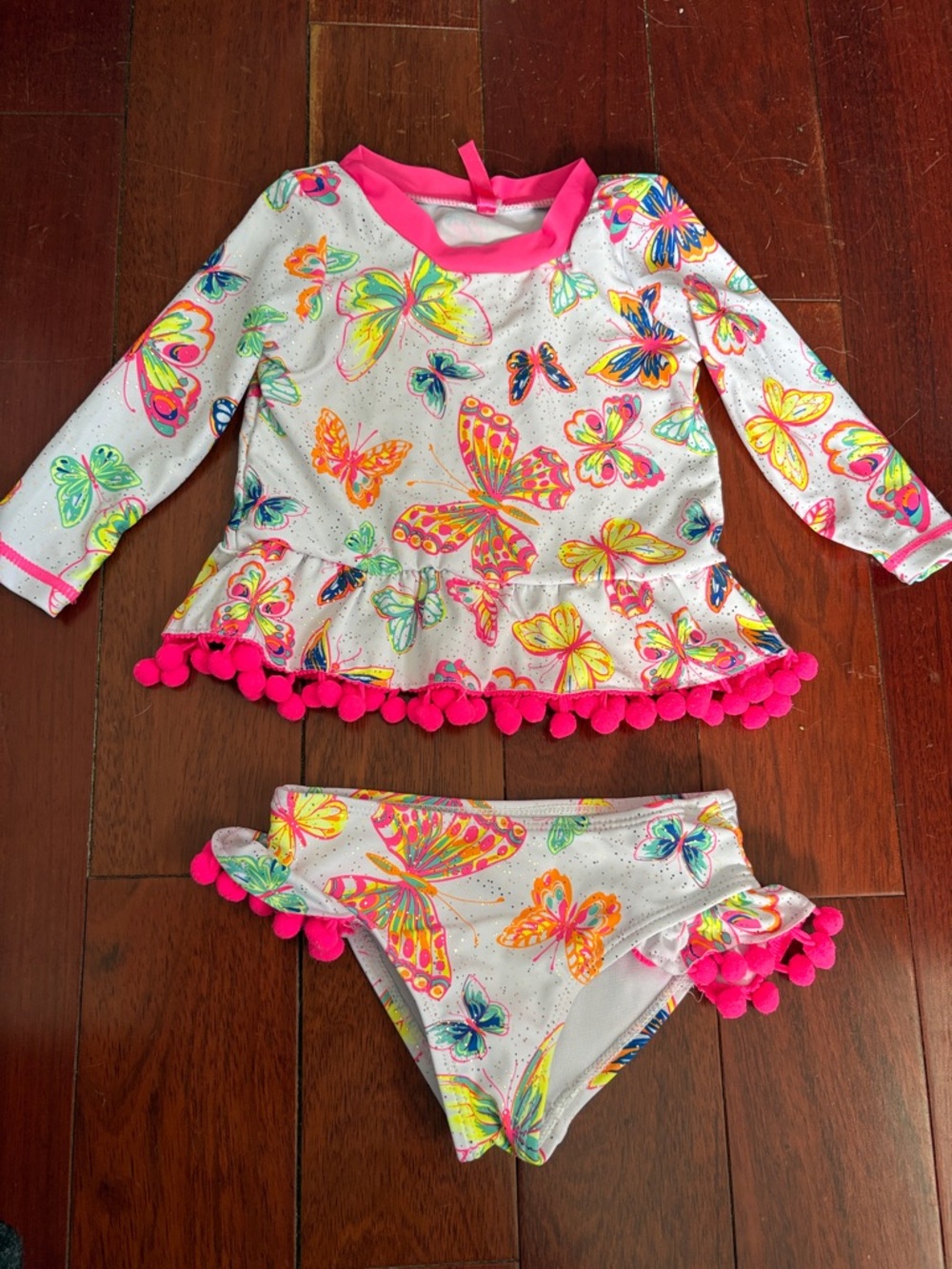 Betsy Johnson Girls White Butterfly Rash Guard Swim Set with Hot Pink Trim